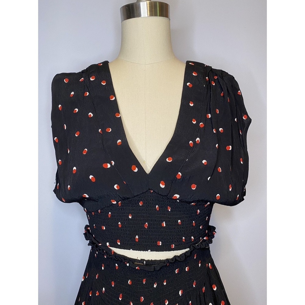 Free People Parker Smocked Polka Dot Blouse - Black/Red - Size S - NWT